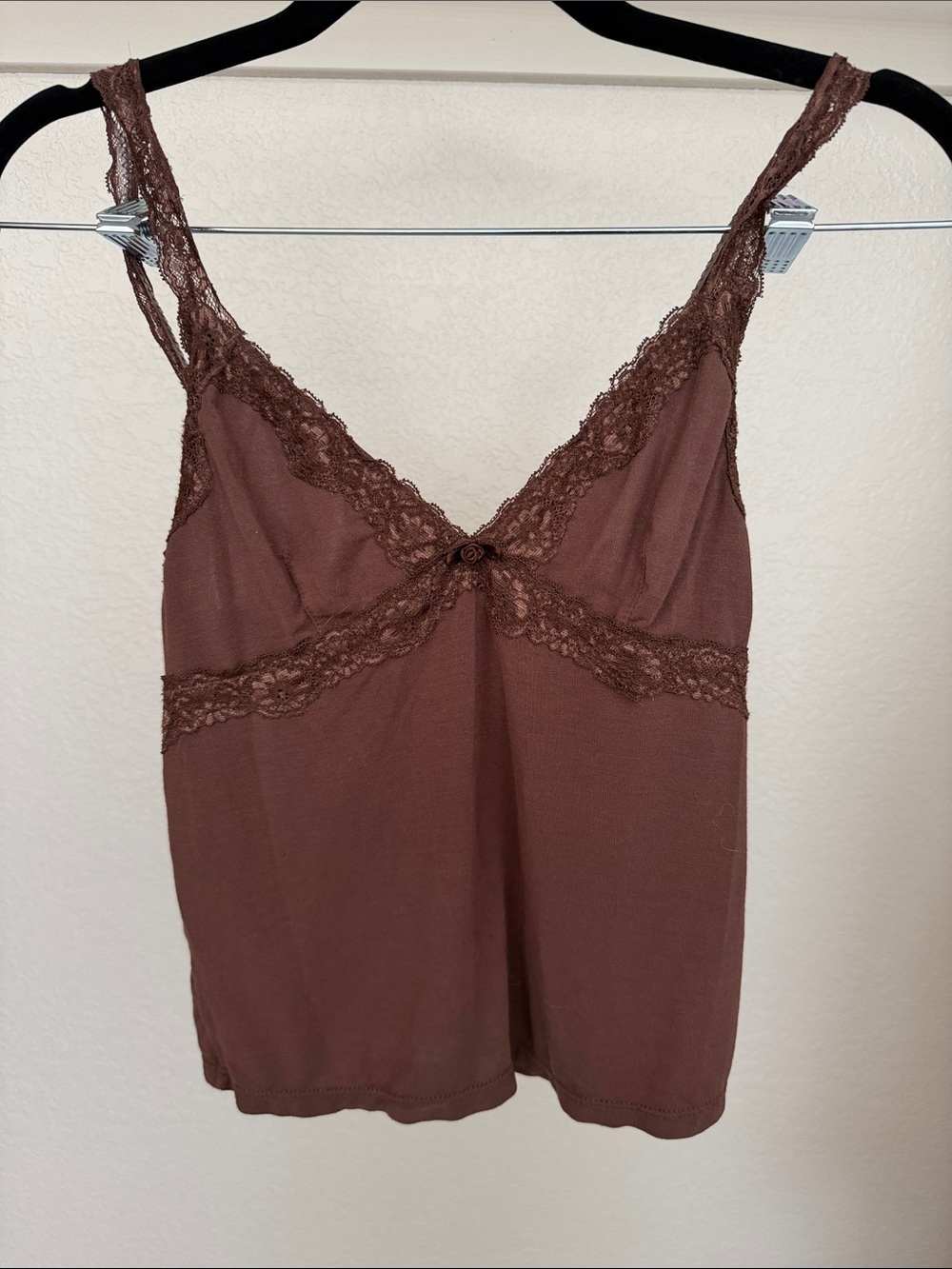 Lace-Trim Brown V-Neck Cami Tank